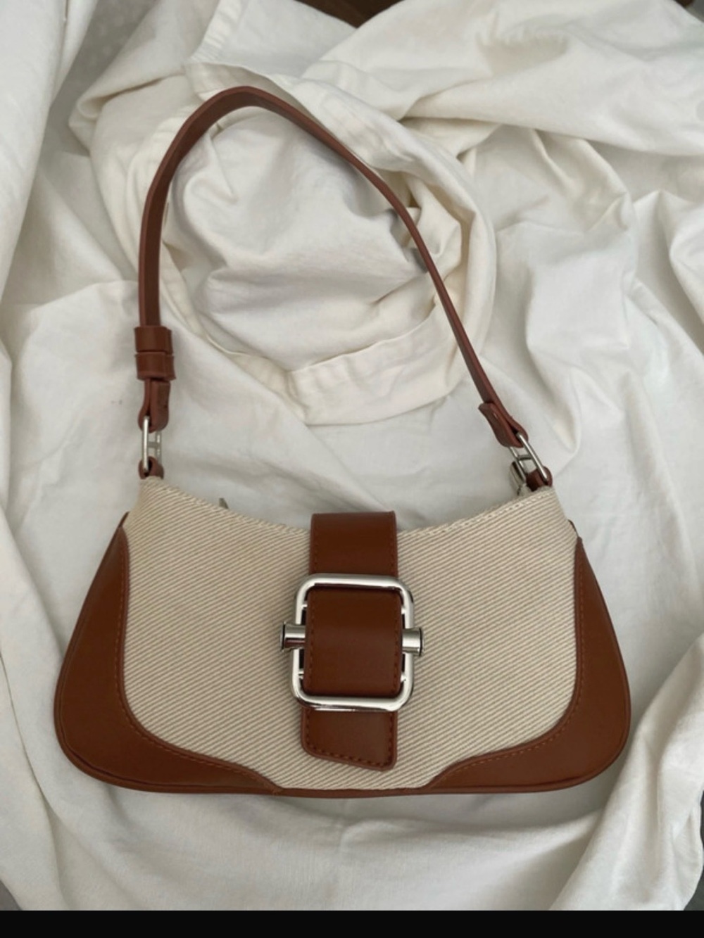 Canvas and Brown  Shoulder Bag with Buckle